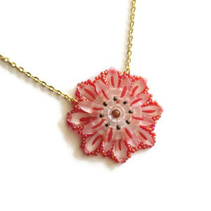 Red & White Frosted Dahlia Medallion Necklace